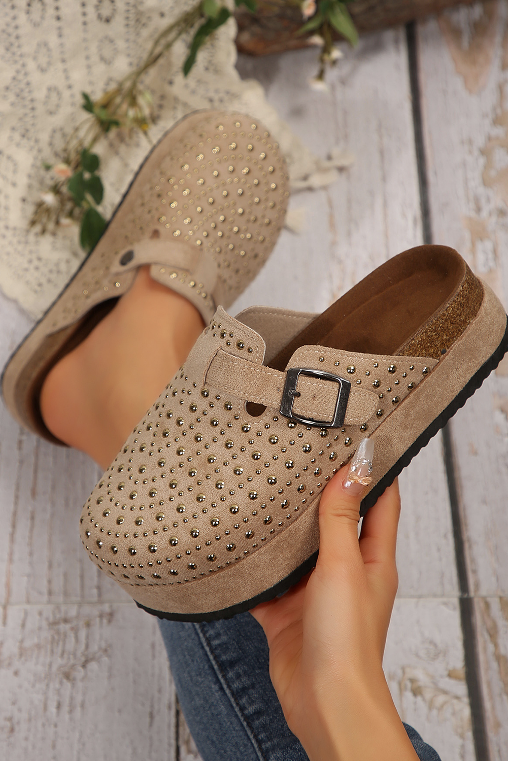 Parchment Vintage Studded Platform Slippers