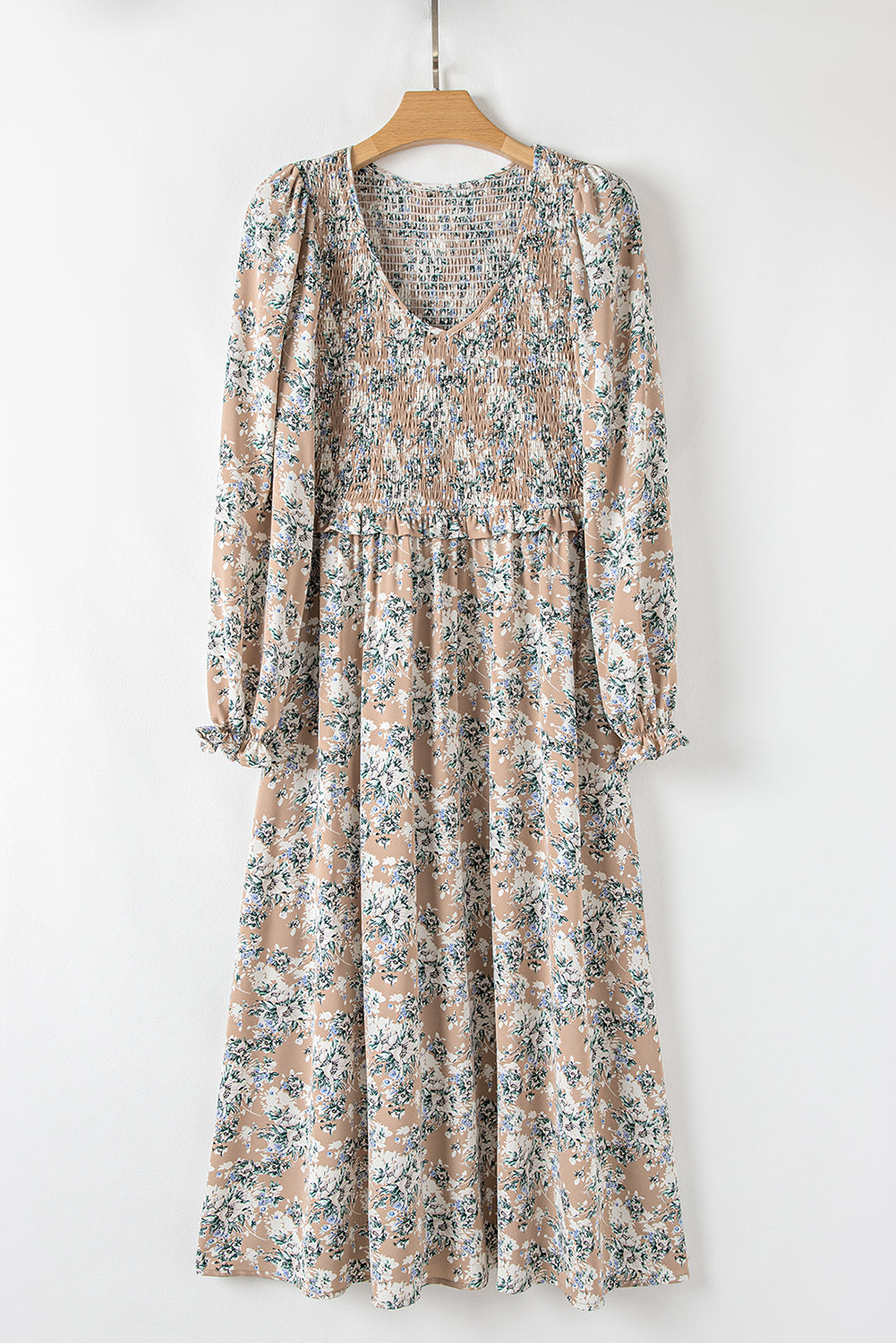 Khaki Floral Smocked Puff Sleeve Maxi Dress