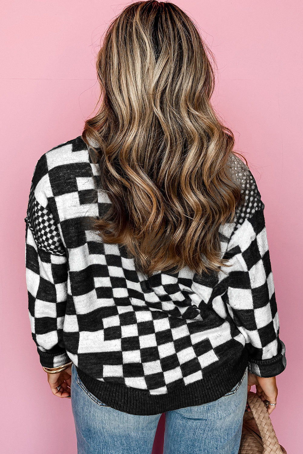 Black Checkered Drop Shoulder Round Neck Sweater