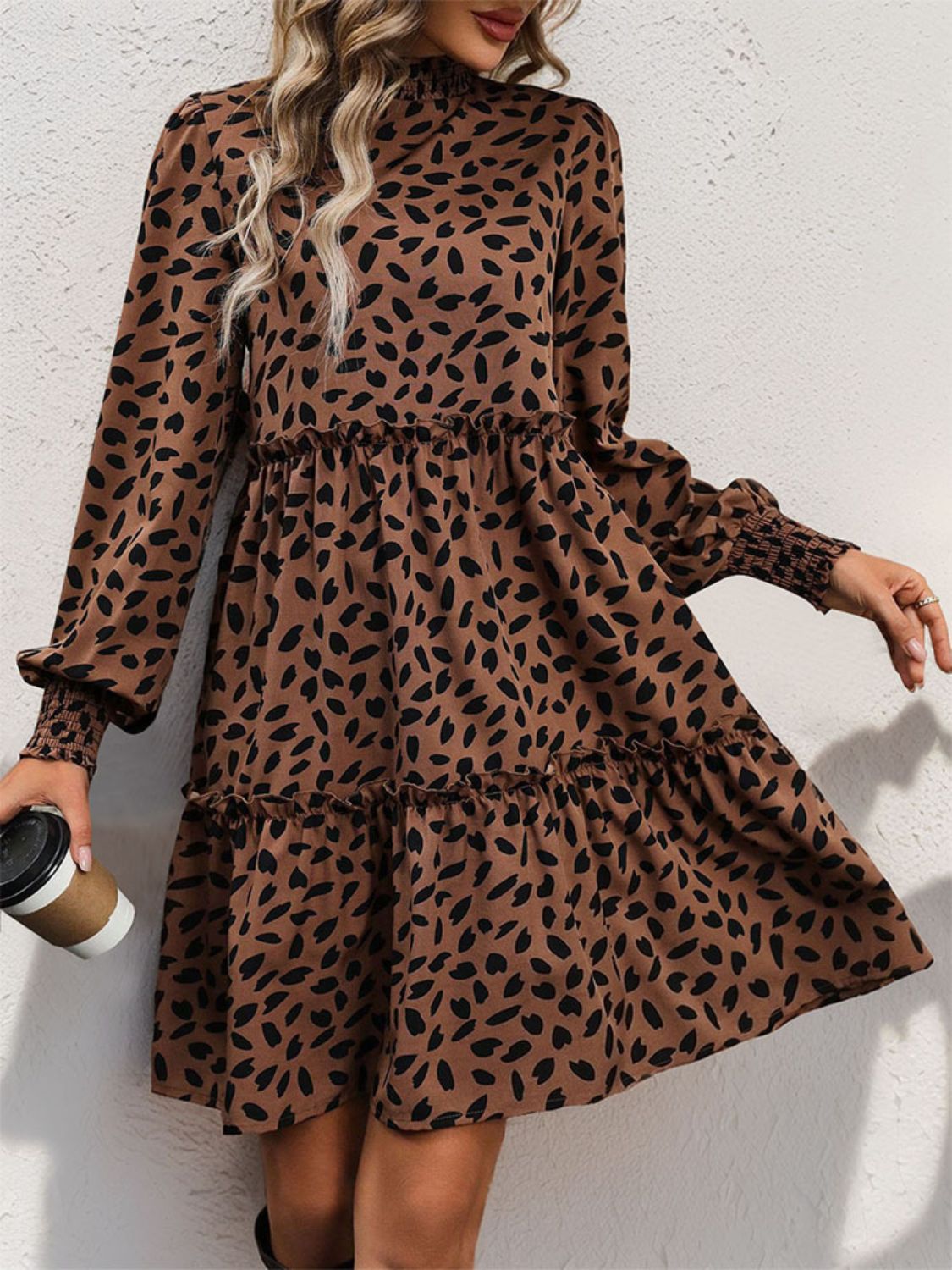 Frill Printed Mock Neck Long Sleeve Mini Dress