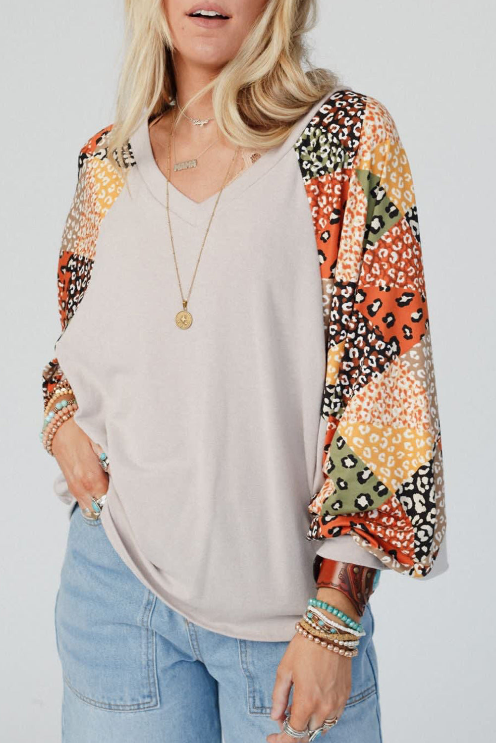 Parchment Leopard Patchwork Lantern Sleeve V Neck Loose Top