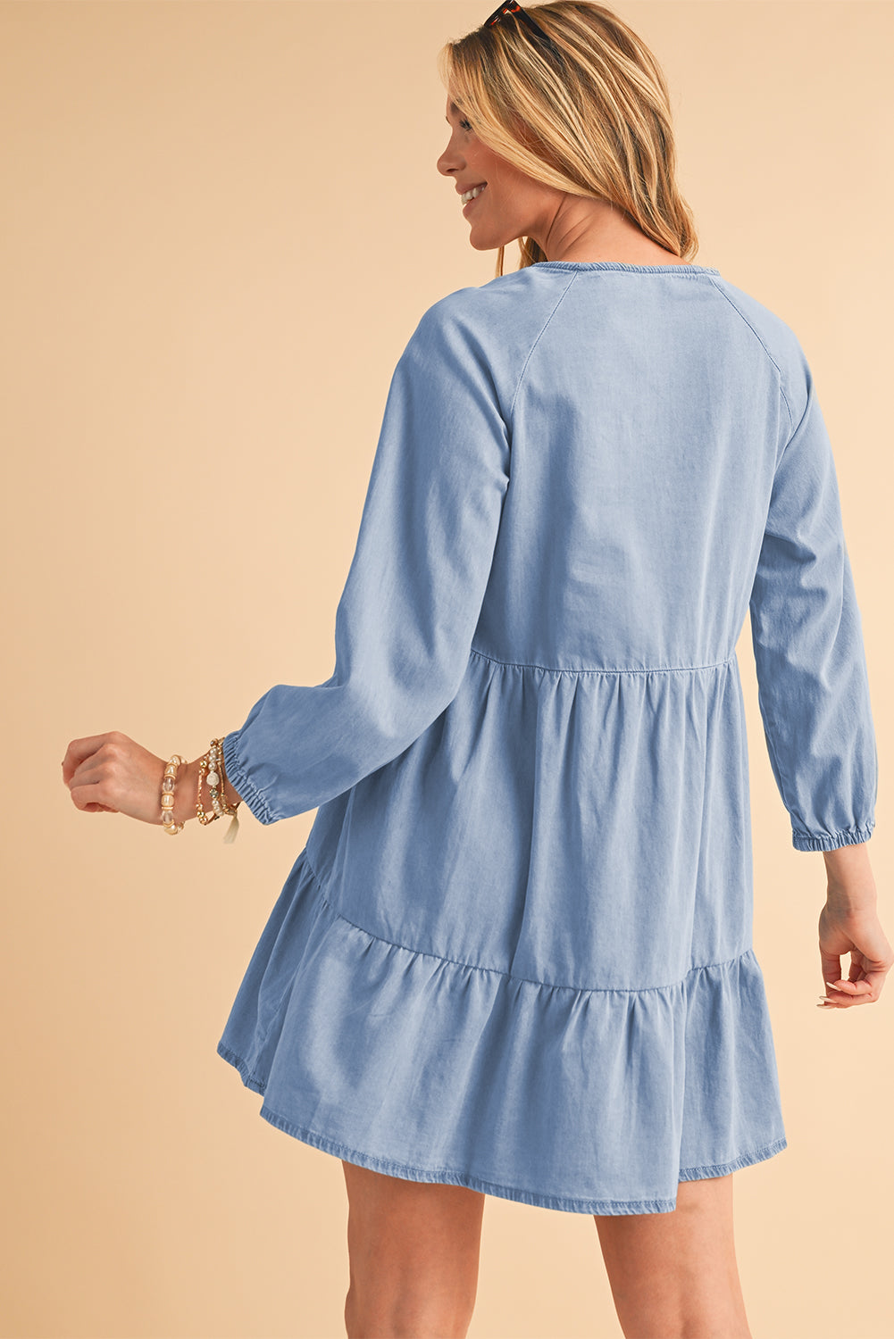 Black Puff Sleeve V Neck Tiered Ruffled Chambray Mini Dress