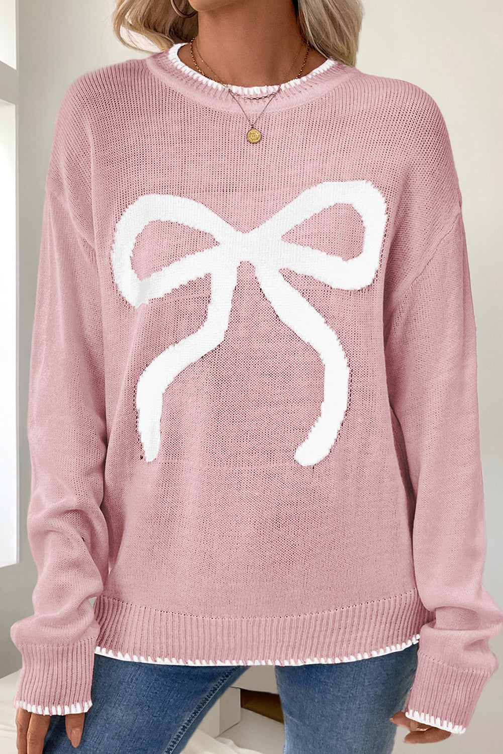 Pink Sweet Bow Drop Sleeve Round Neck Sweater