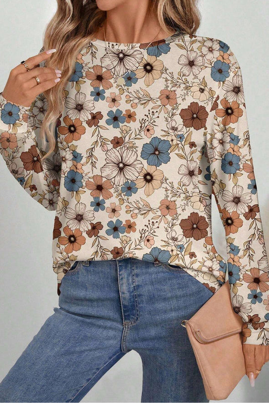 Khaki Allover Floral Print Crew Neck Long Sleeve Top