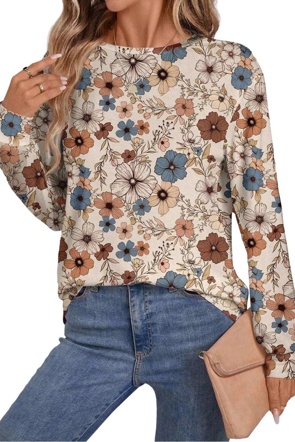 Khaki Allover Floral Print Crew Neck Long Sleeve Top