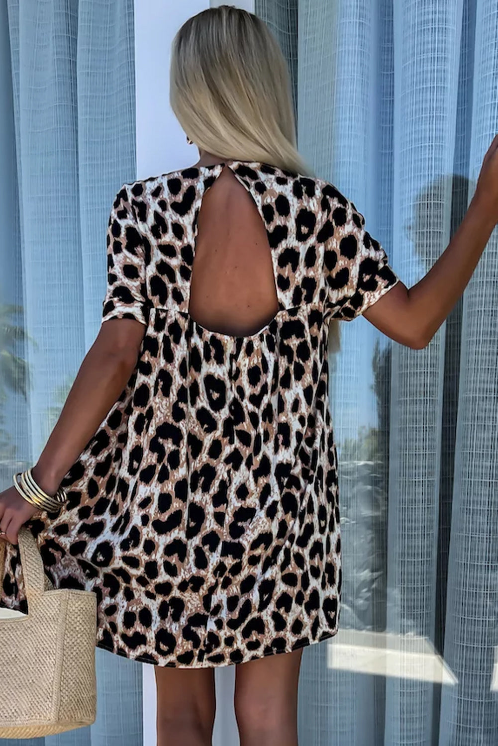 Khaki Leopard Print Backless V Neck Loose Fit Mini Dress