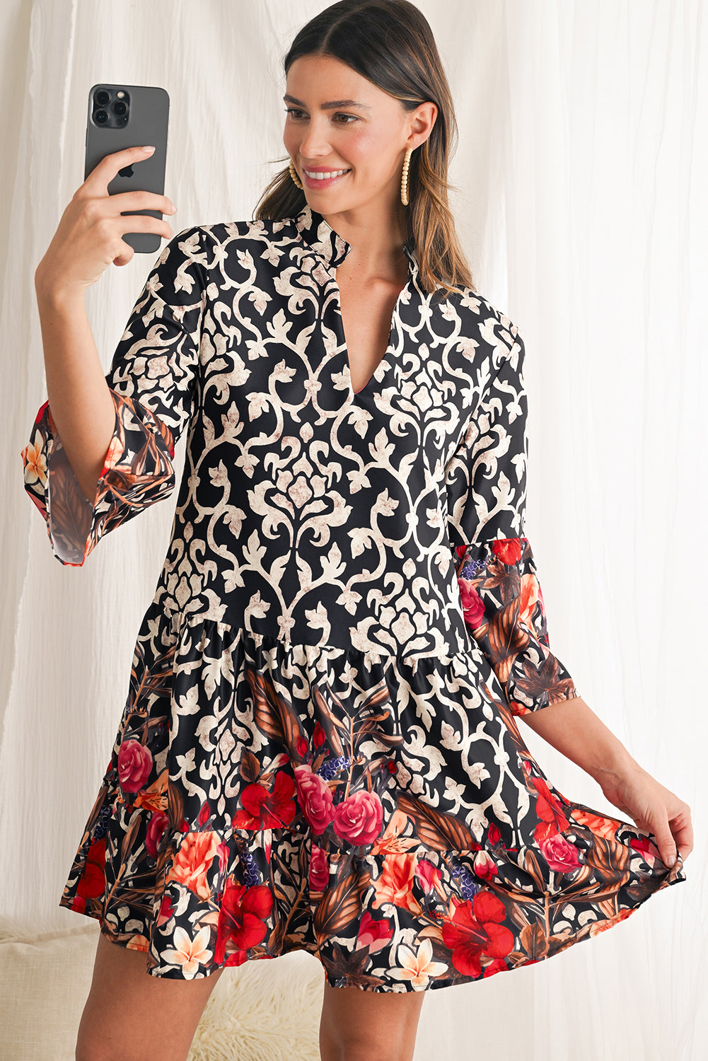 Black Abstract Print V-Neck Tiered Mini Dress