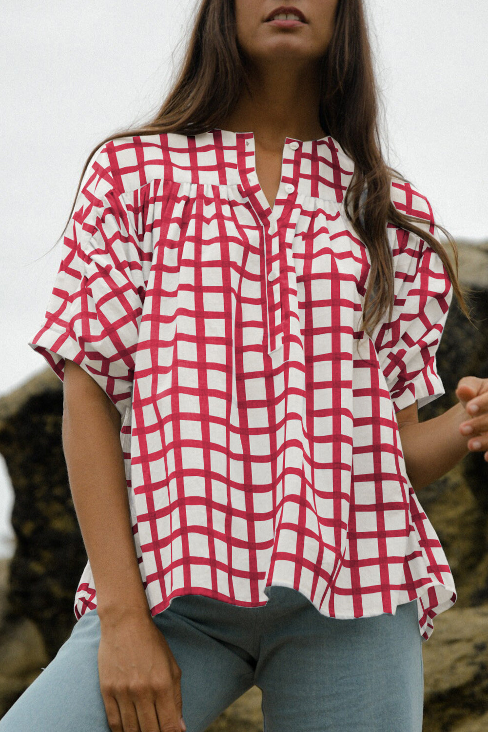 Red Plaid Button Neck Pleated Blouse