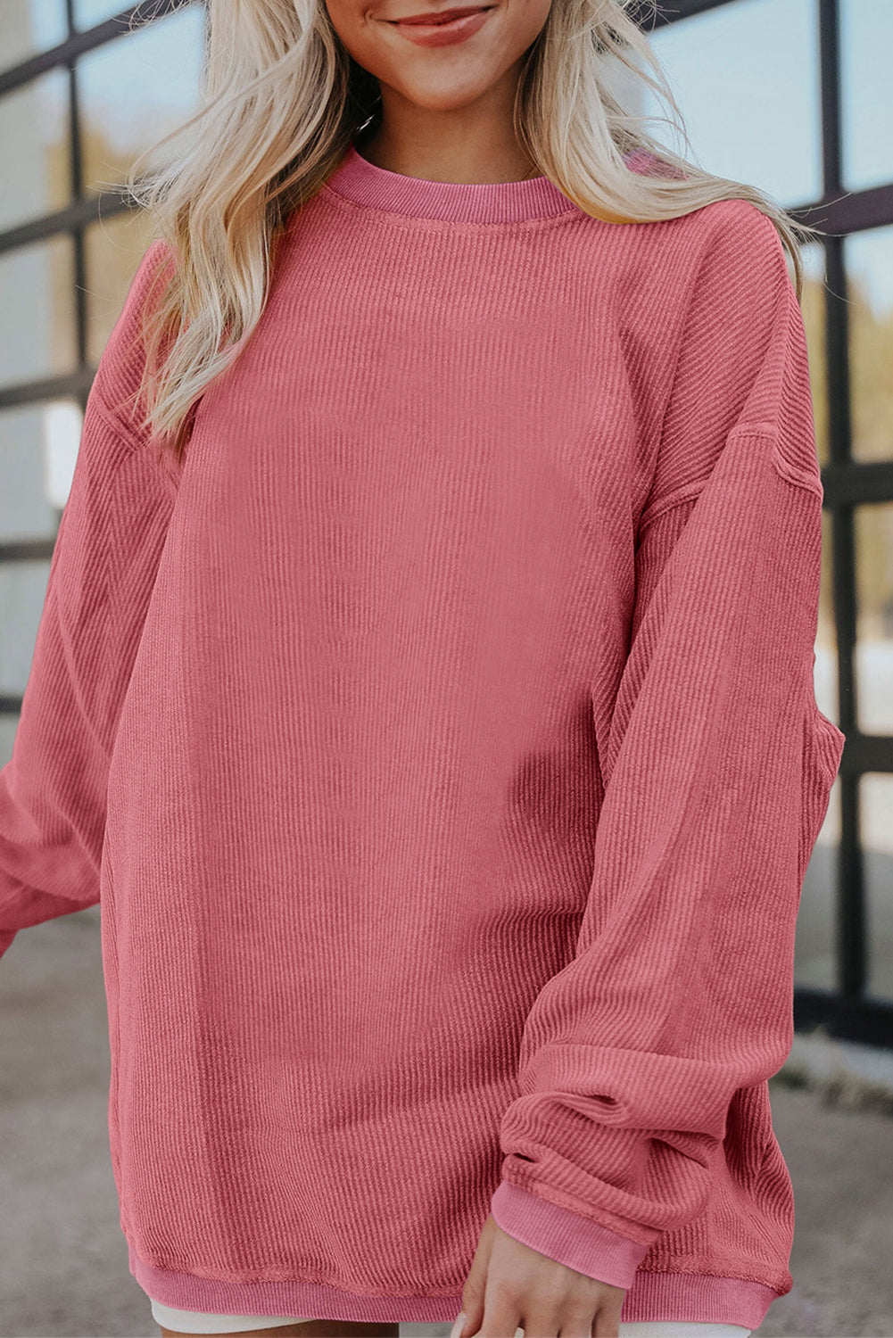 Apricot Drop Shoulder Crinkle Rib Oversized Sweatshirt