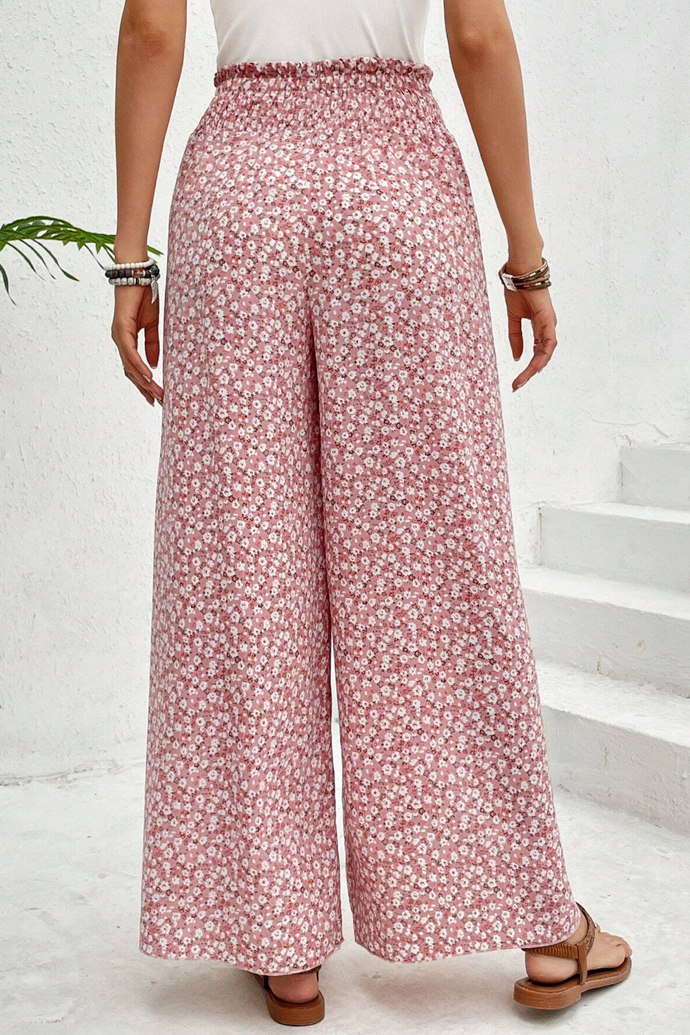 Black Floral Shirred Side Slit Wide Leg Pants