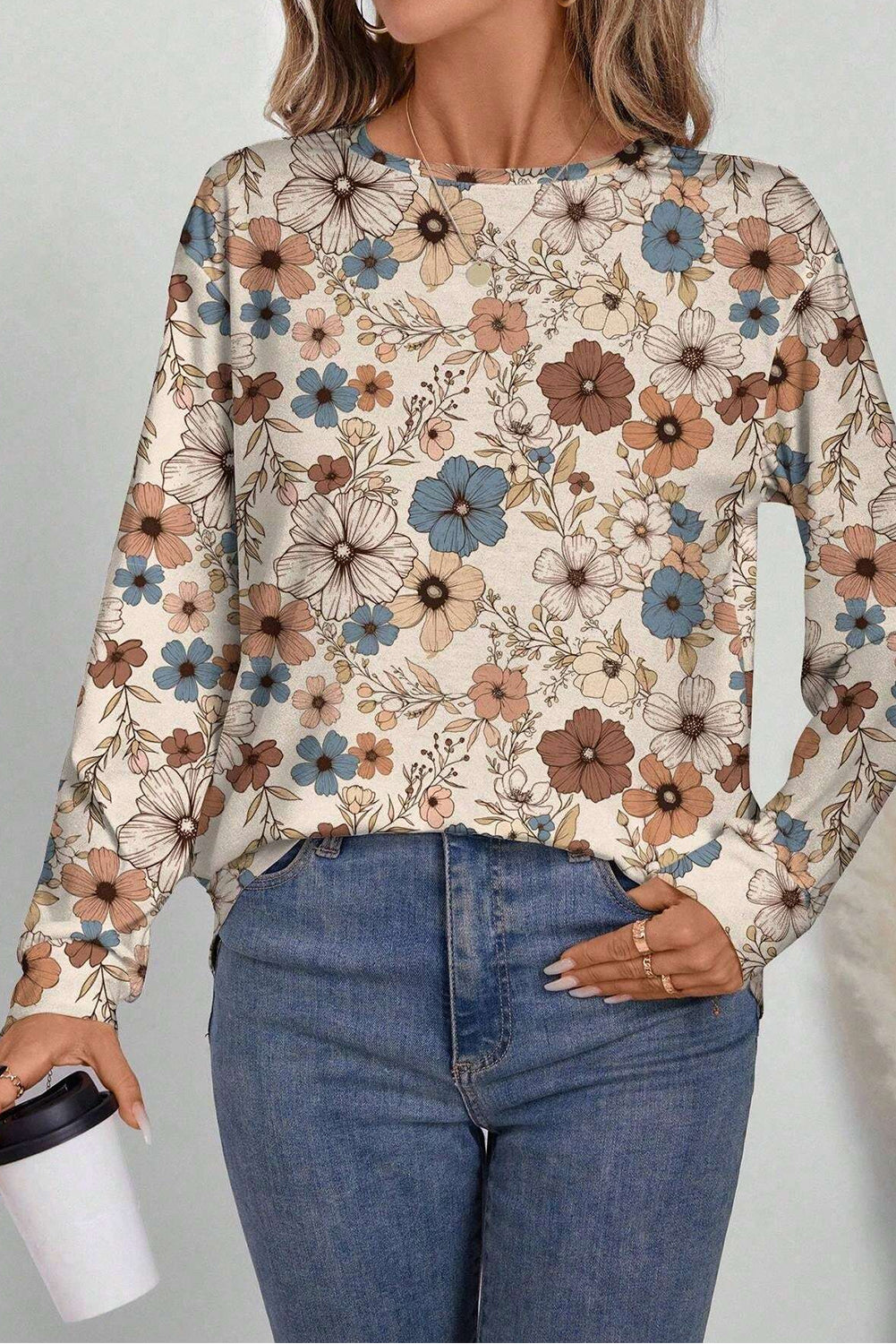 Khaki Allover Floral Print Crew Neck Long Sleeve Top