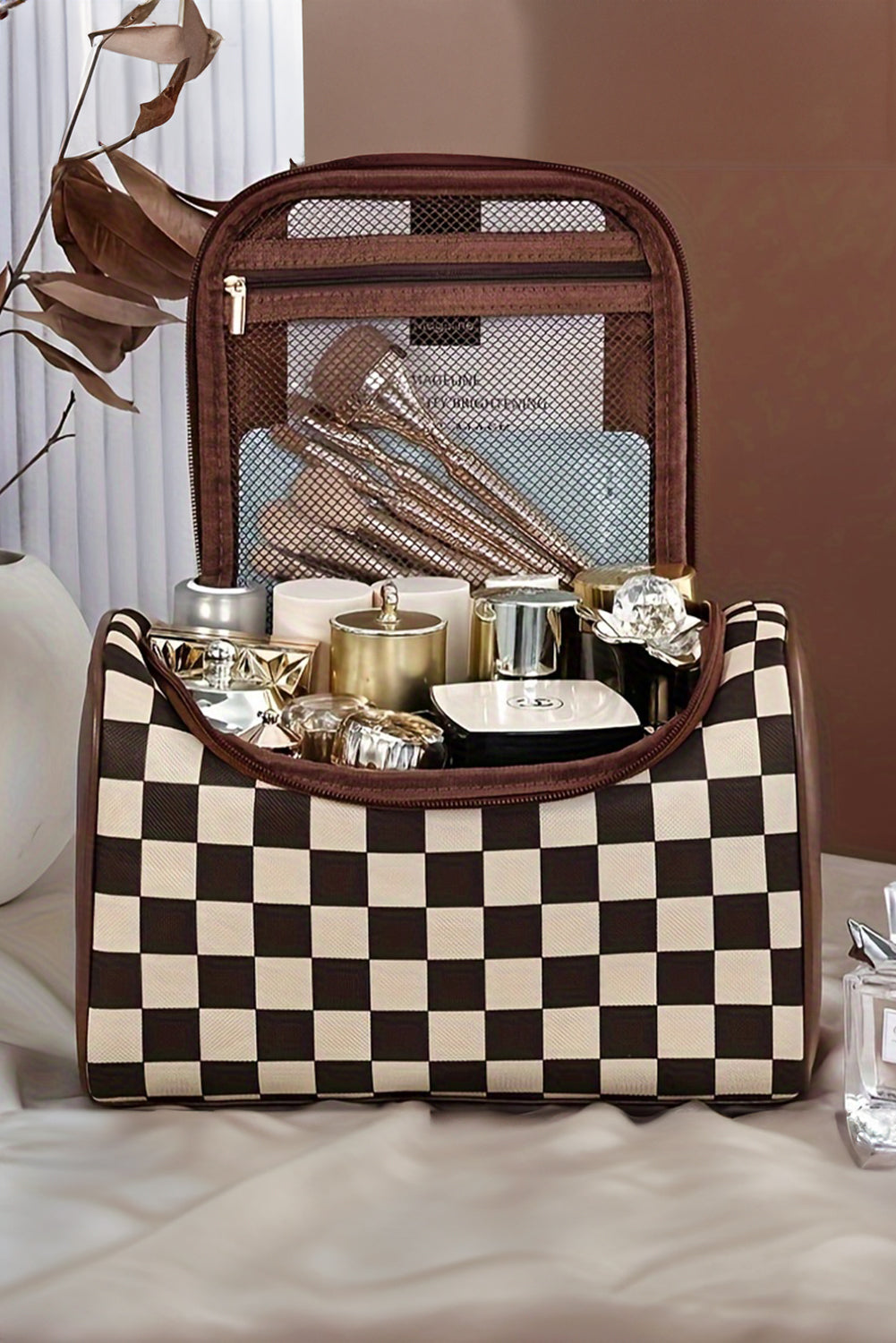 Black Checker Print Leather Zipper Makeup Bag