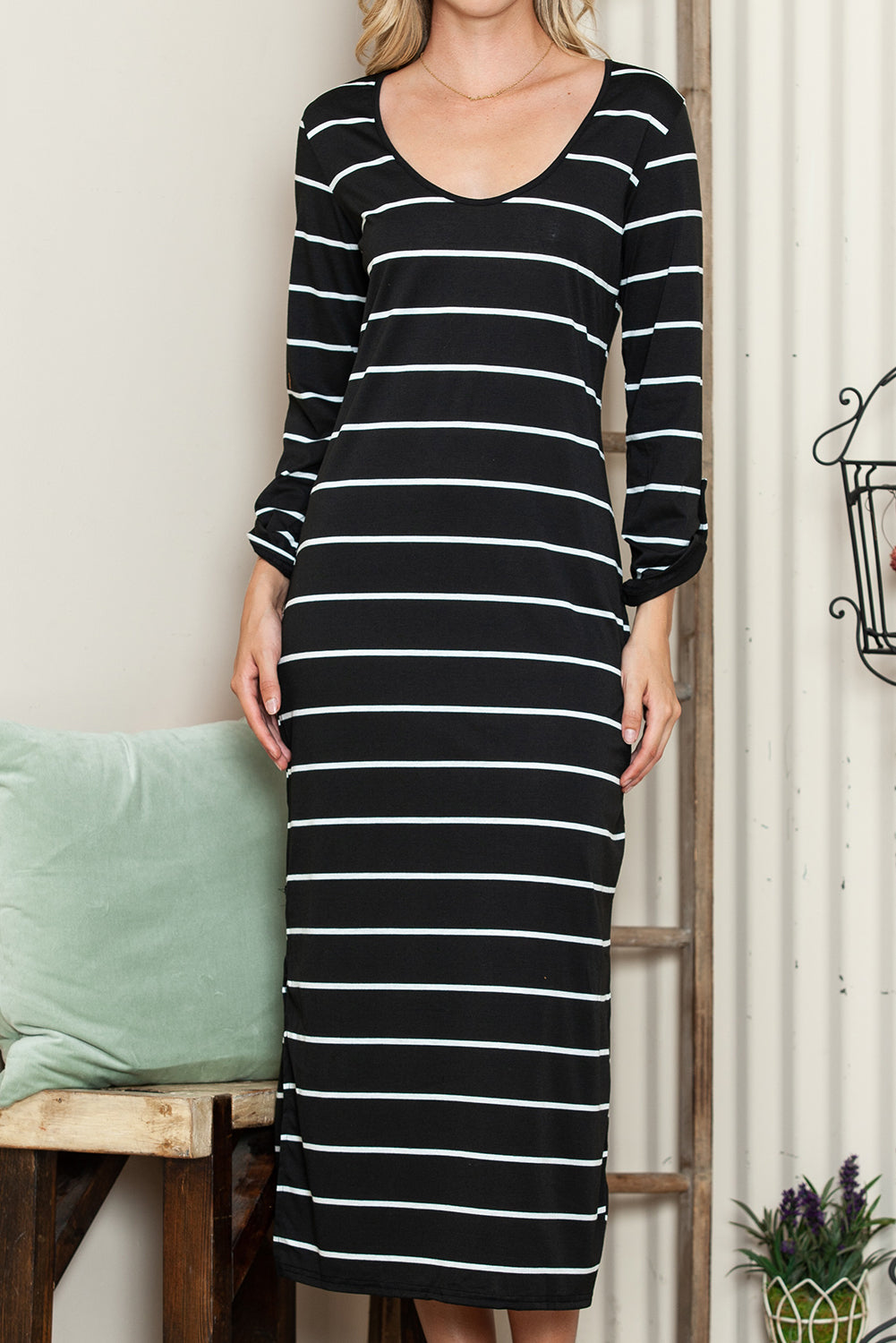 Black Striped Casual Slit High Waist Midi Dress