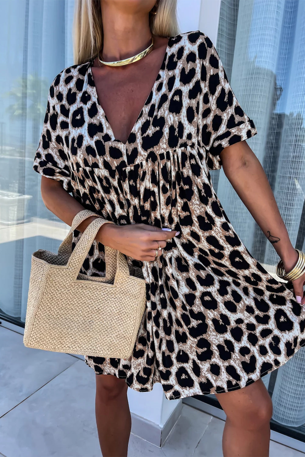 Khaki Leopard Print Backless V Neck Loose Fit Mini Dress