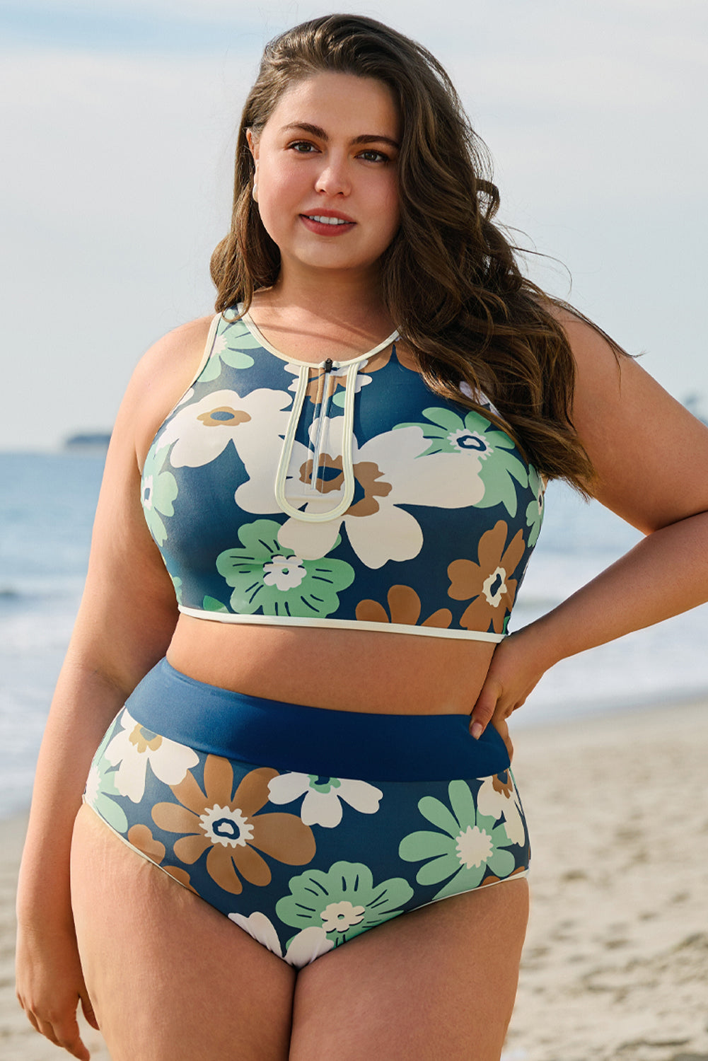 Green Floral Print Zipped Plus Size Two Pieces Bikini