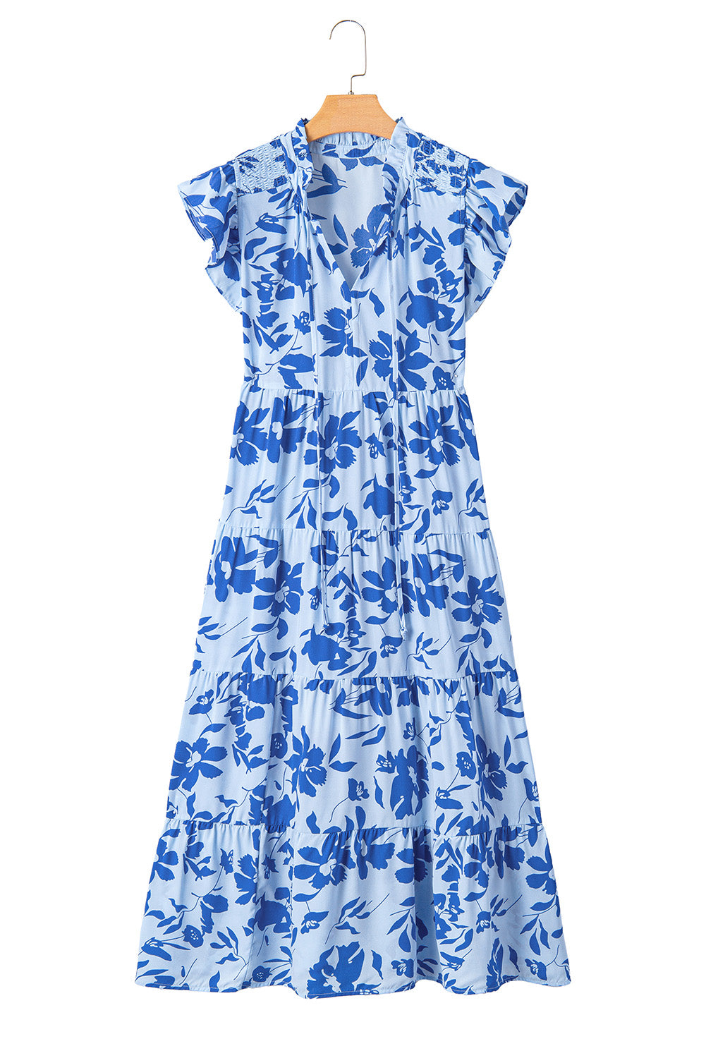 Sky Blue Floral Print Tiered Flutter Sleeve Maxi Dress