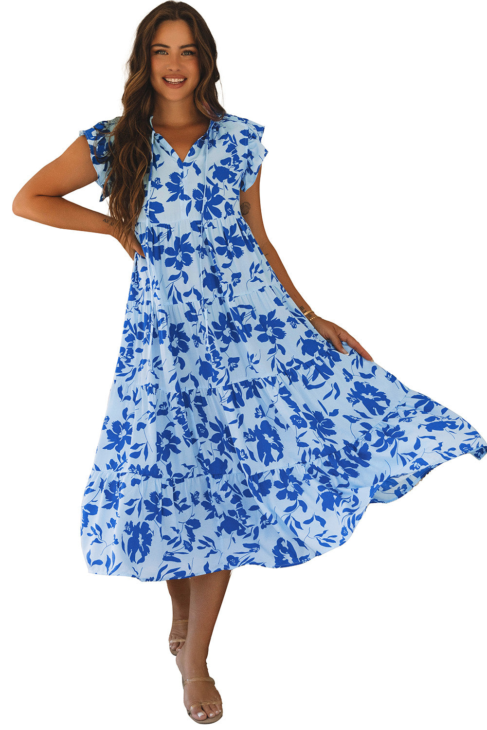 Sky Blue Floral Print Tiered Flutter Sleeve Maxi Dress