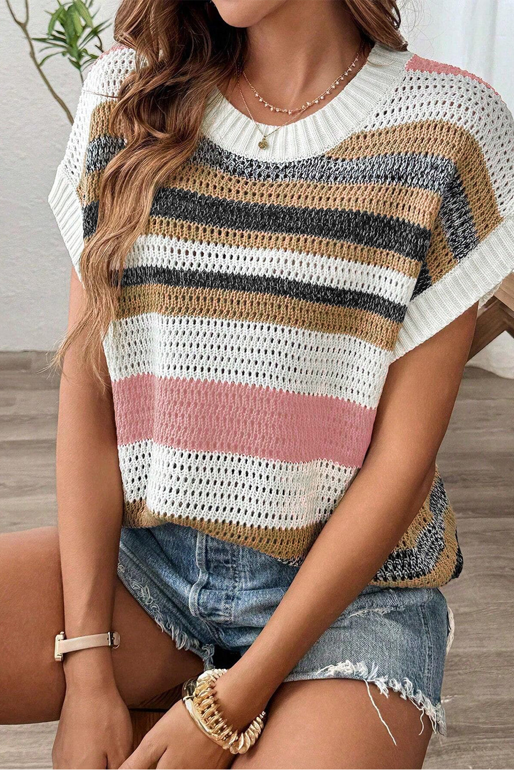 Pink Stripe Colorblock Eyelet Knit Short Sleeve Sweater Tee