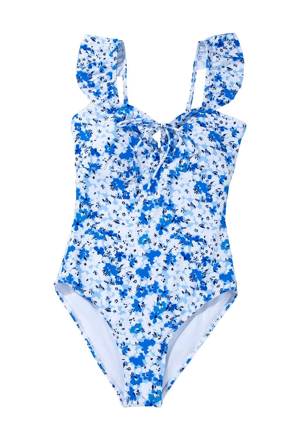 Blue Floral Ruffled Strap Lace Up Hollow Out One Piece Swimsuit