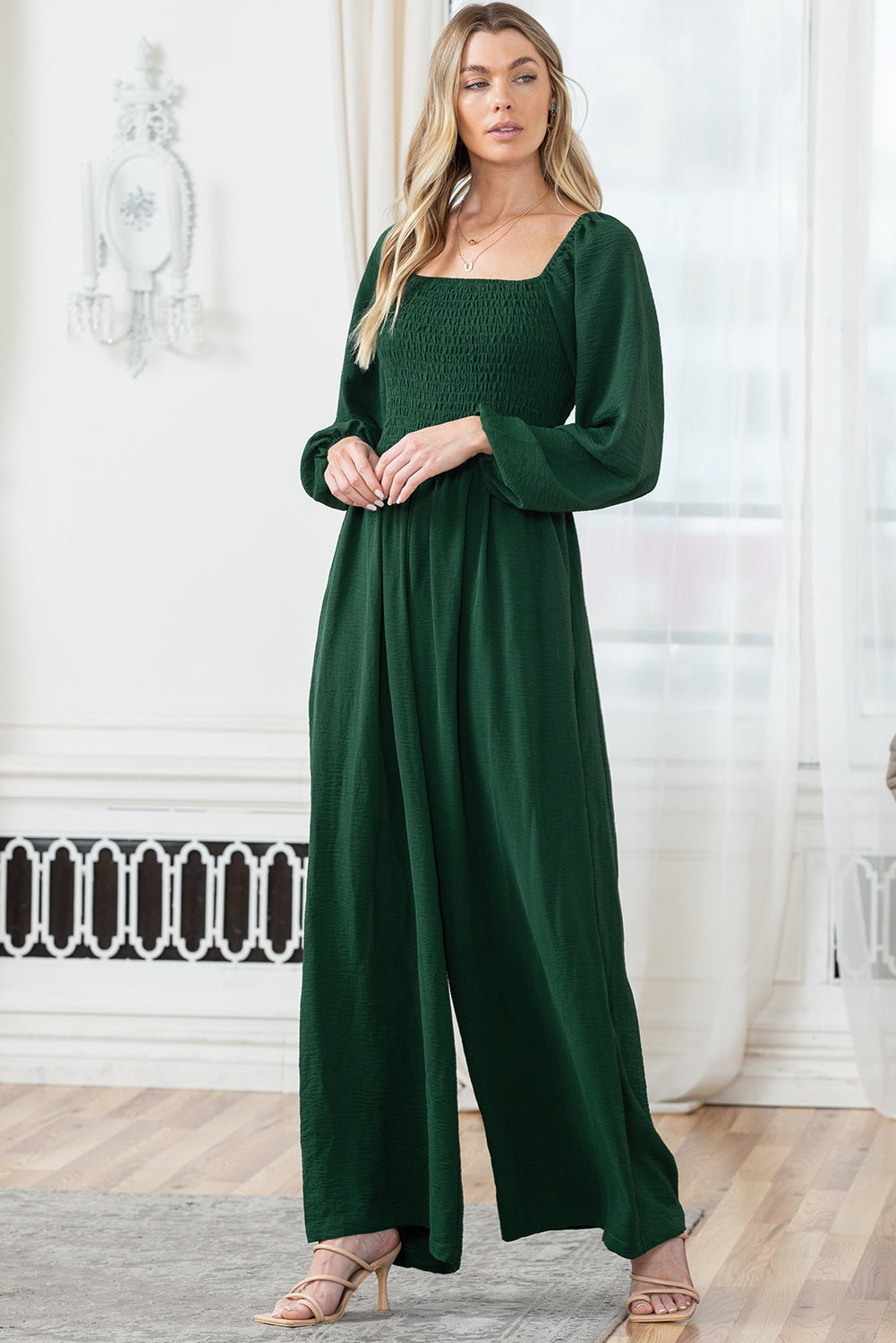 Green Smocked Square Neck Long Sleeve Wide Leg Jumpsuit