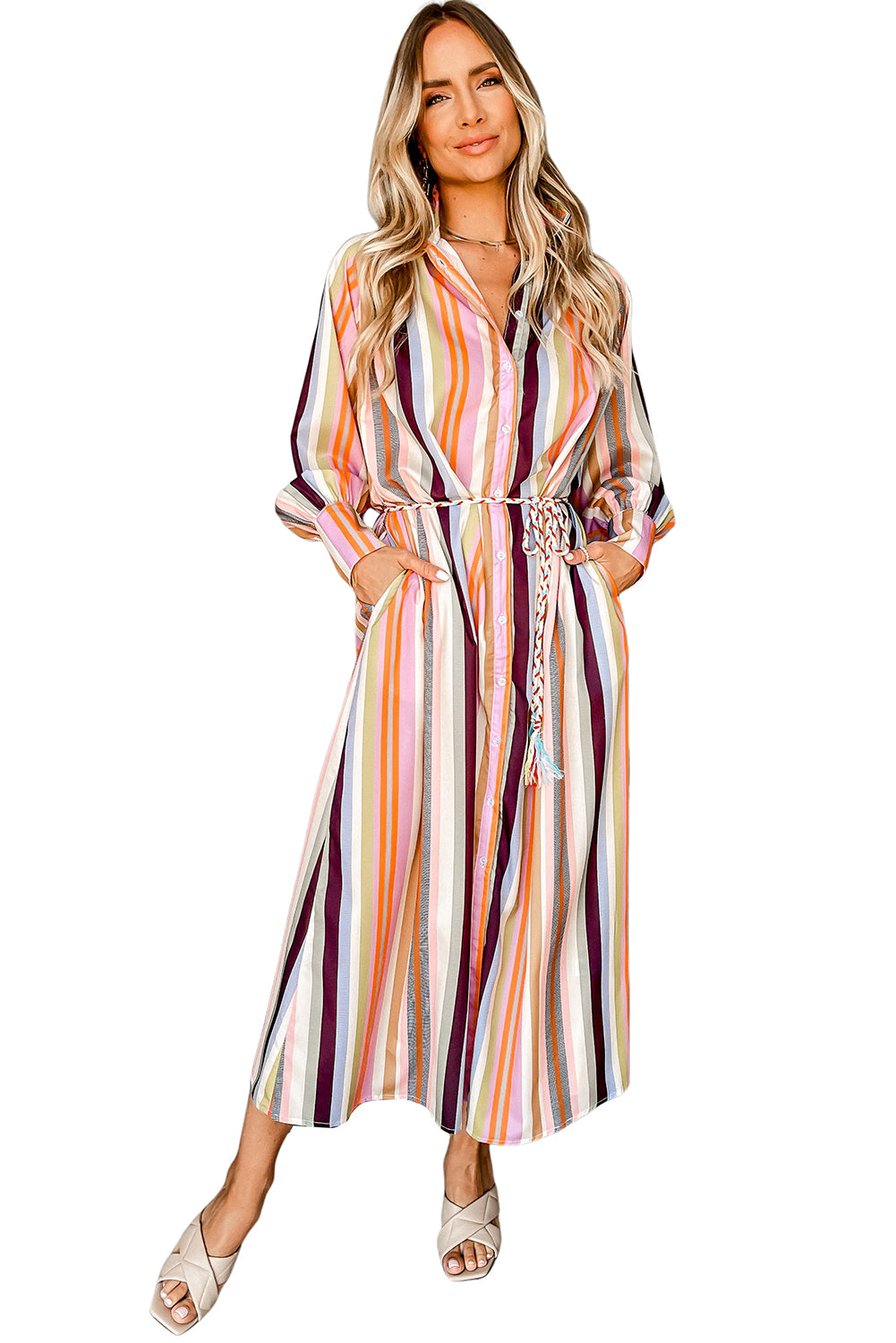 White Colorful Striped Cuffed Sleeve Tassel Tie Maxi Dress