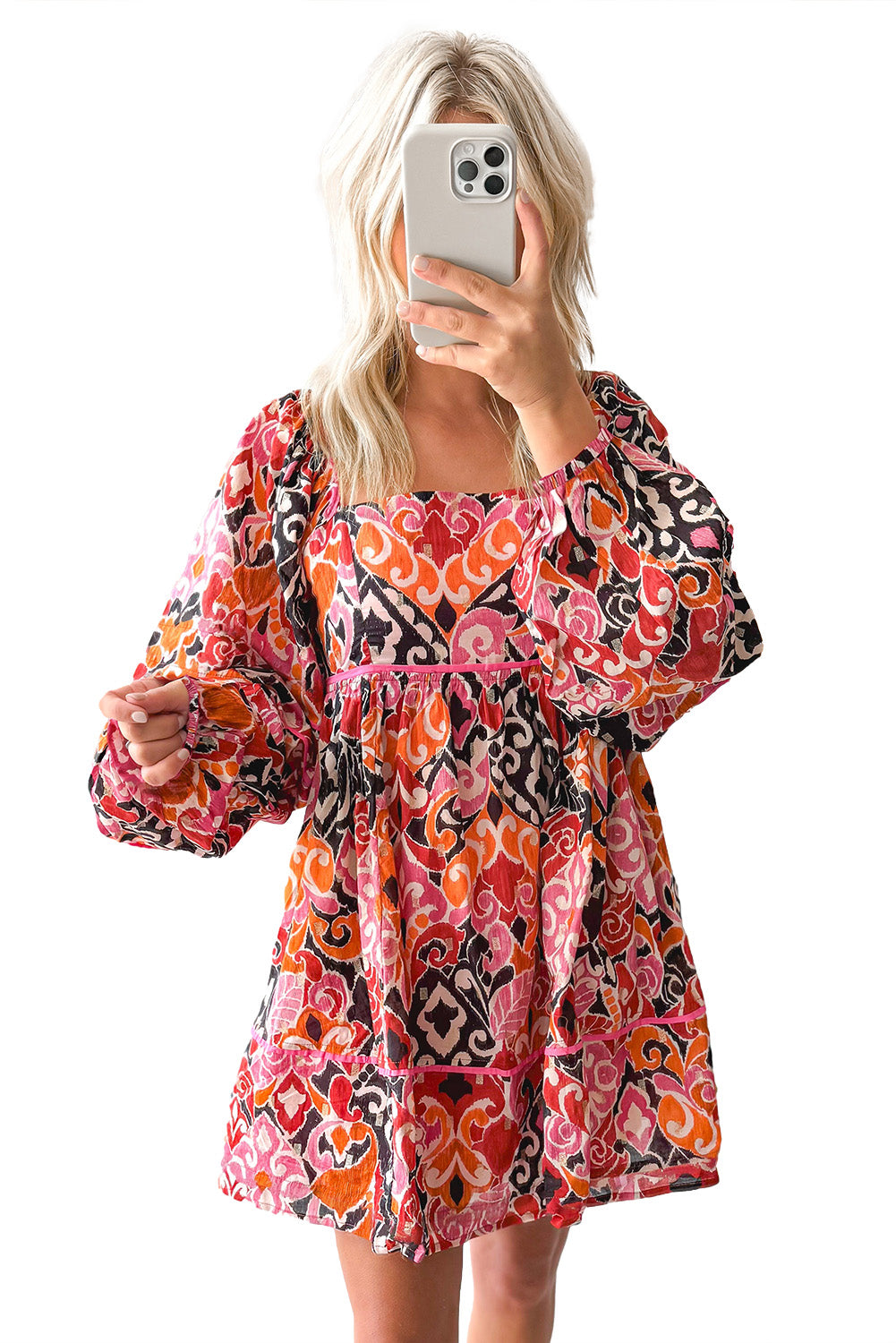 Pink Geometric Print Square Neck Puff Sleeve Mini Dress