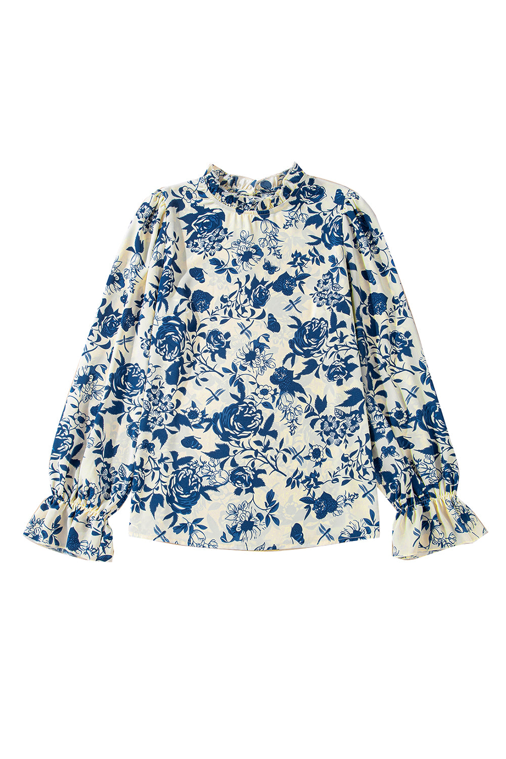 Sky Blue Floral Print Flounce Sleeve Keyhole Back Blouse