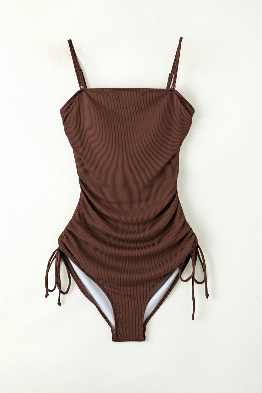 Coffee Side Drawstring Cutout Ribbed One Piece Swimsuit