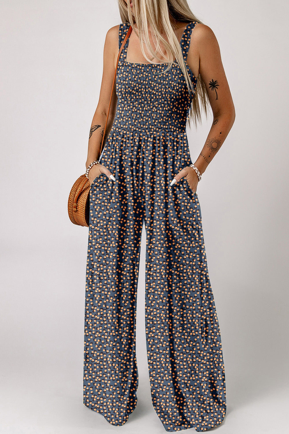 Blue Floral Square Neckline Stretch High Waist Jumpsuit