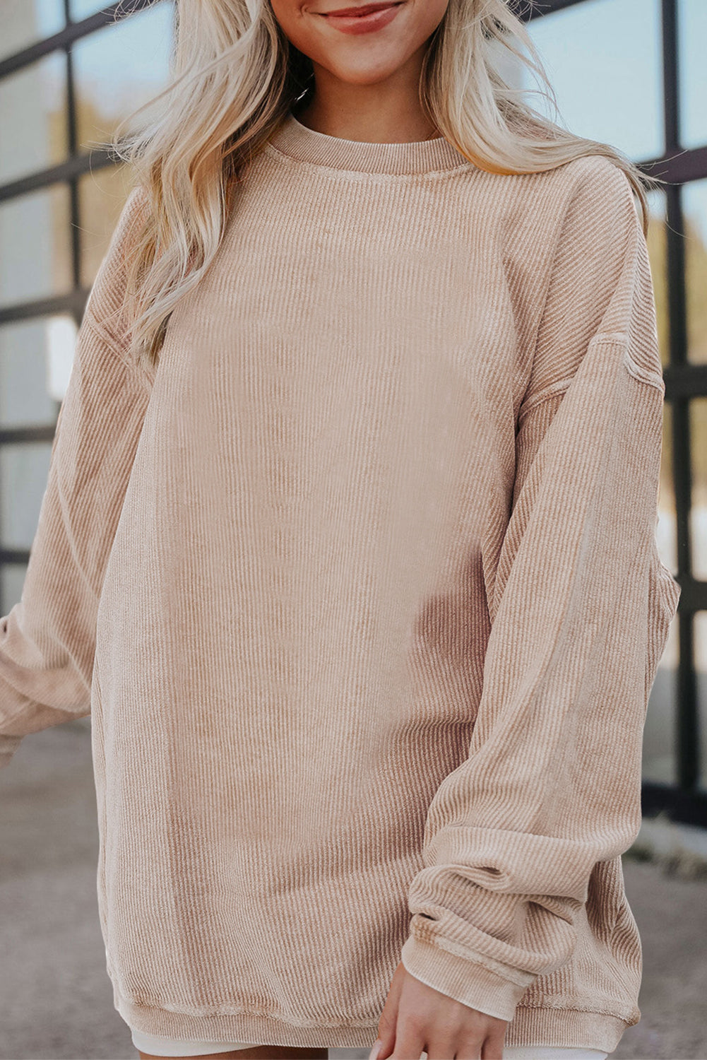 Apricot Drop Shoulder Crinkle Rib Oversized Sweatshirt