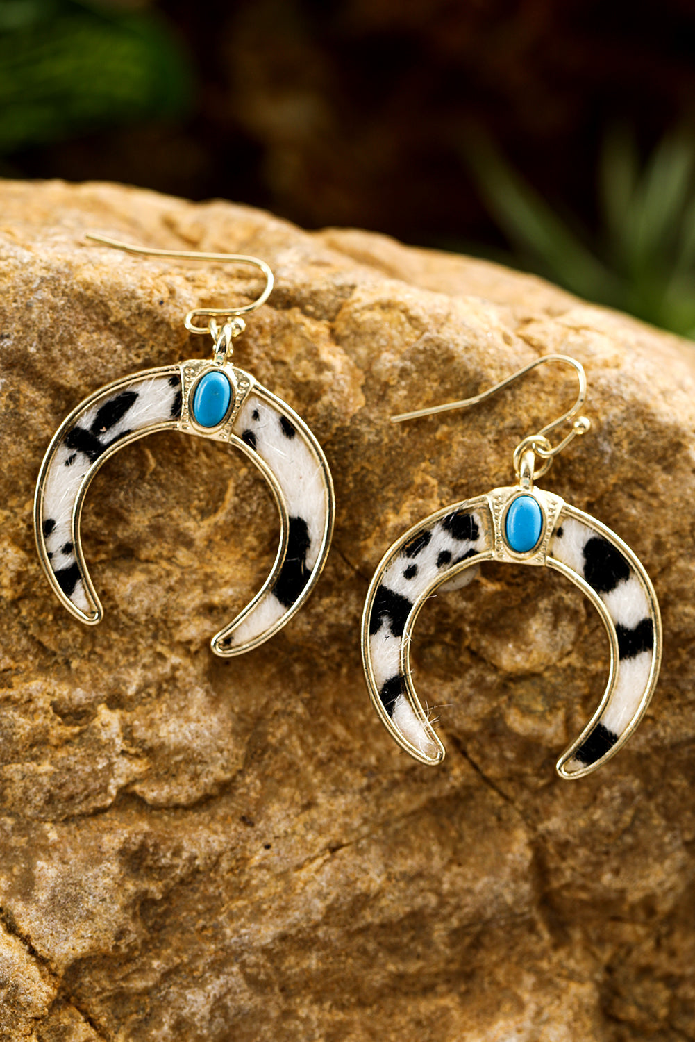 Black Turquoise Inlay Crescent Shaped Dangle Earrings