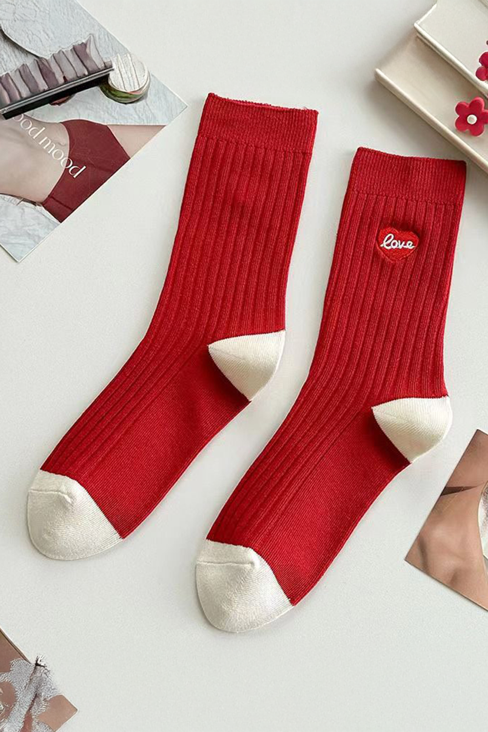 Racing Red Love Print Crew Socks