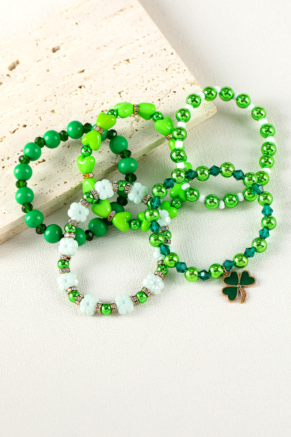 Green St Patricks Day 5pcs Clover Pendant Beaded Bracelet Set