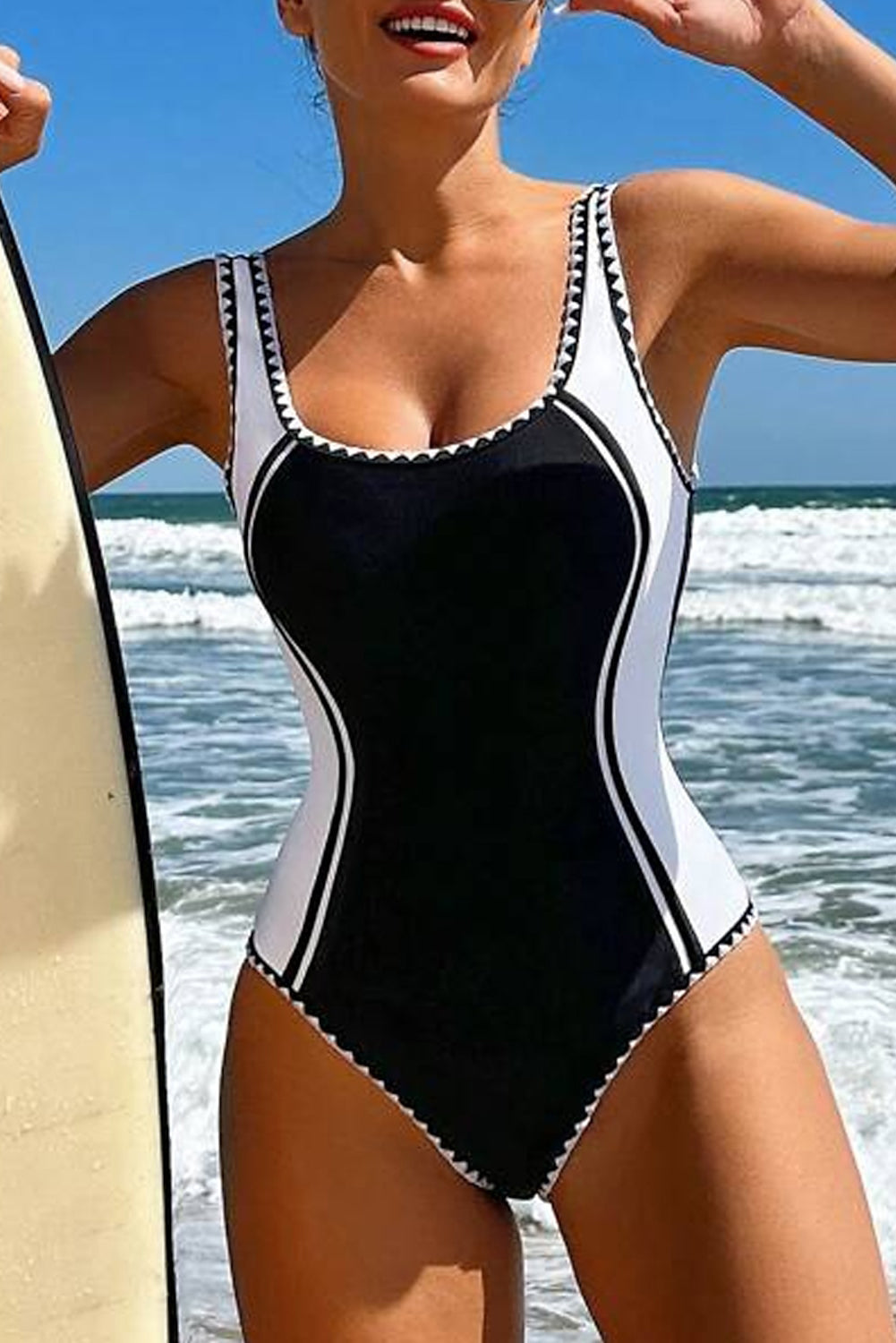 Black Color Block Ric Rac Trim U Neck One Piece Swimsuit