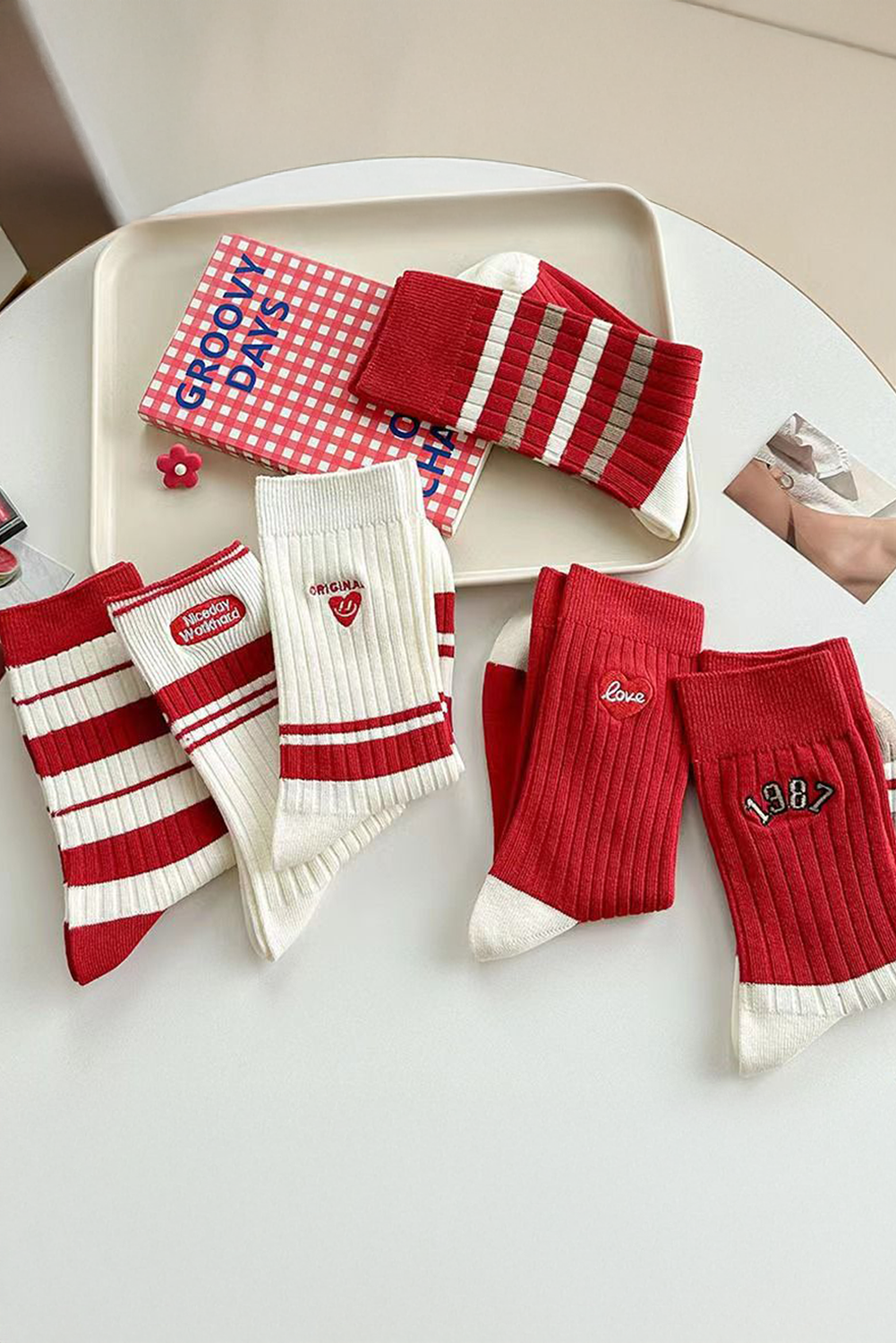 Racing Red Love Print Crew Socks