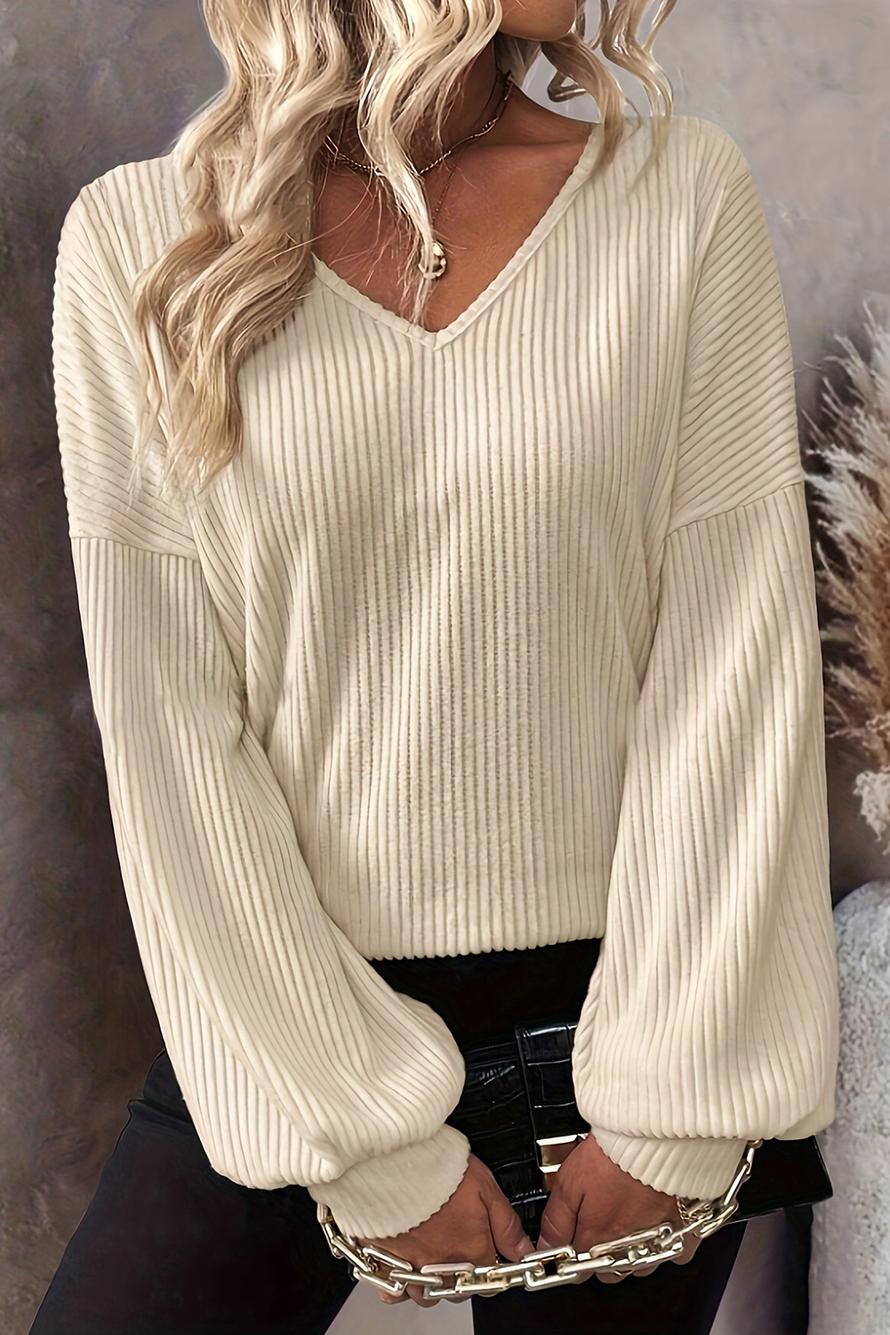 White Bowknot Back Ribbed Long Sleeve Top