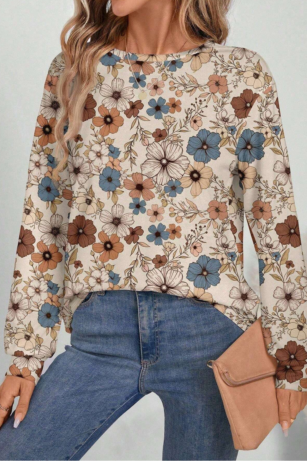 Khaki Allover Floral Print Crew Neck Long Sleeve Top