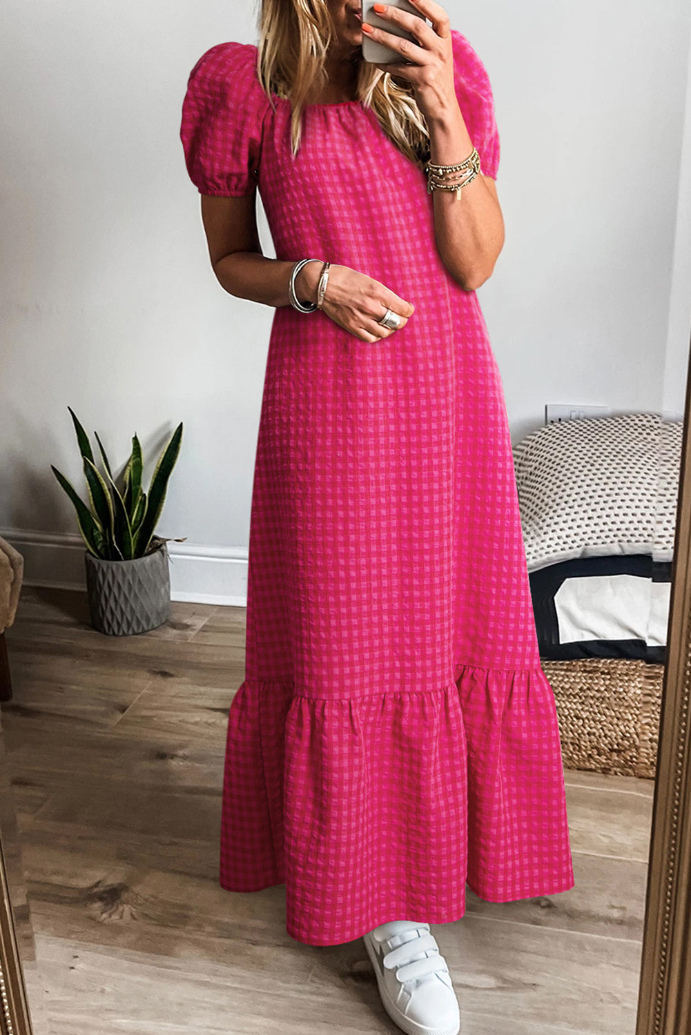 Rose Plaid Square Neck Puff Sleeve Maxi Dress