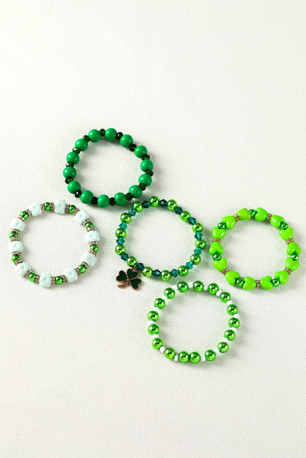 Green St Patricks Day 5pcs Clover Pendant Beaded Bracelet Set