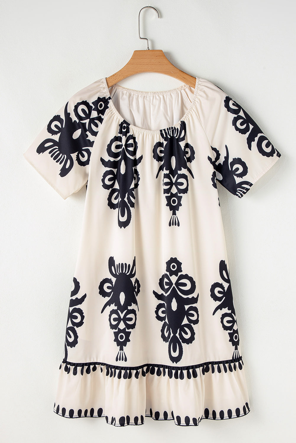 Apricot Ethnic Print Ruffle Hem Loose Mini Dress