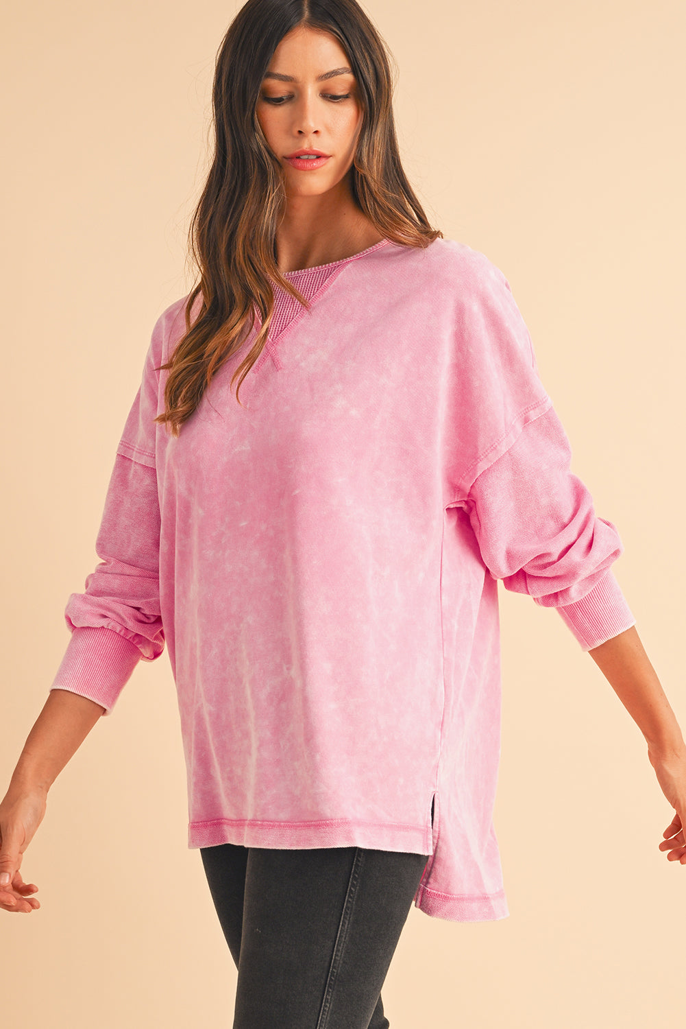 Strawberry Pink Mineral Wash Drop Shoulder Oversized Sweatshirt