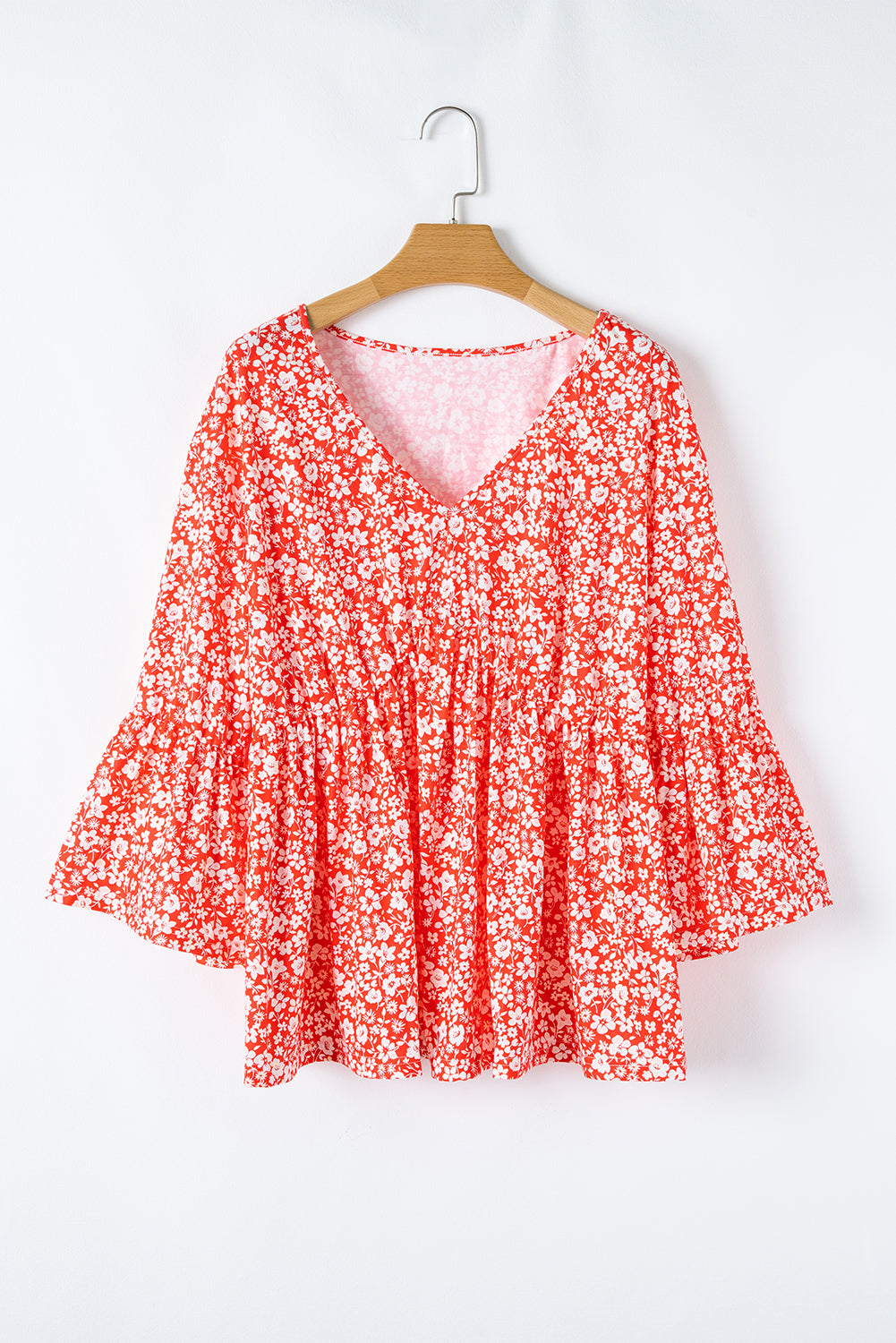 Red Plus Size Floral V Neck Flared Sleeve Blouse