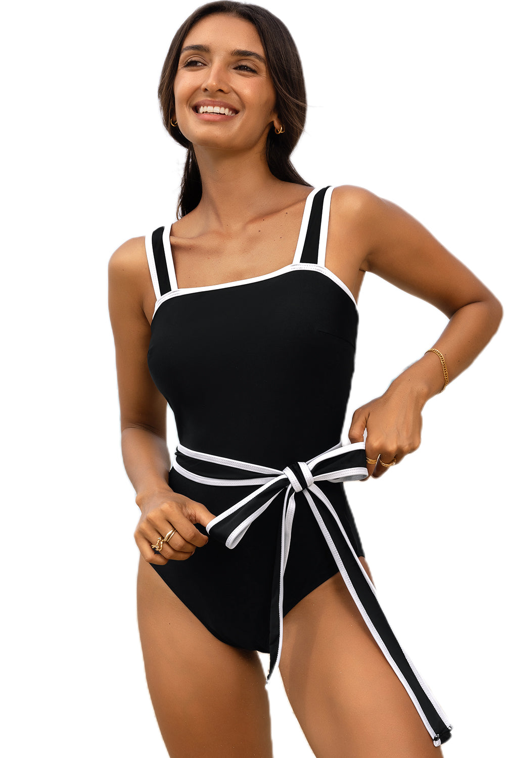 Black Contrast Edge Belted One Piece Swimsuit