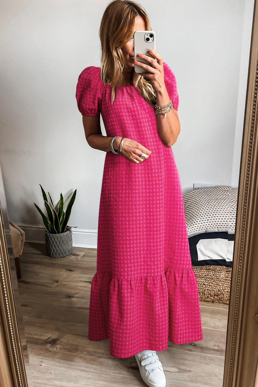 Rose Plaid Square Neck Puff Sleeve Maxi Dress