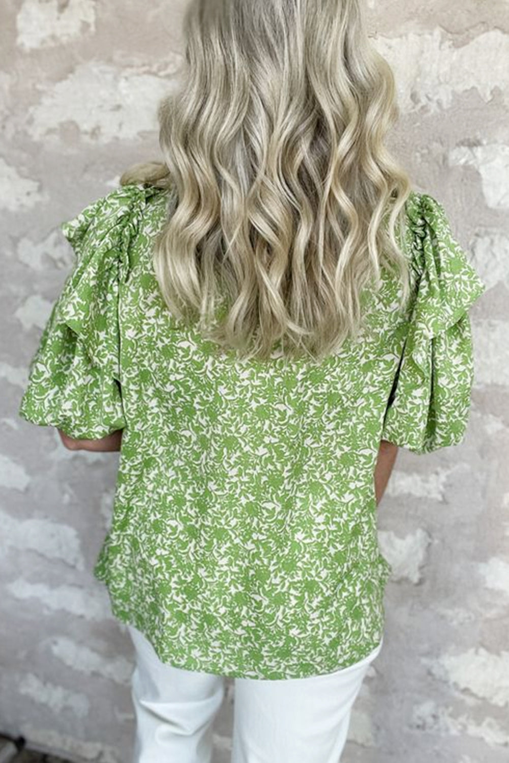 Light Green Floral V-Neck Ruffle Puff Sleeve Blouse