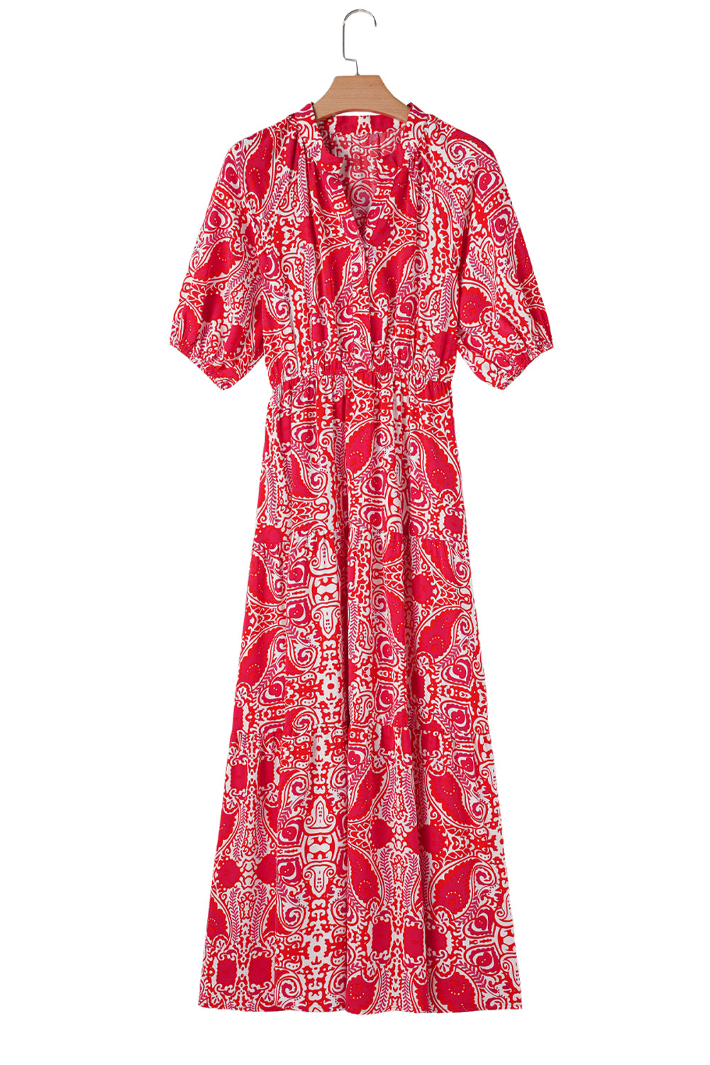 Red Paisley Print Side Slit Puff Sleeve High Waist Maxi Dress