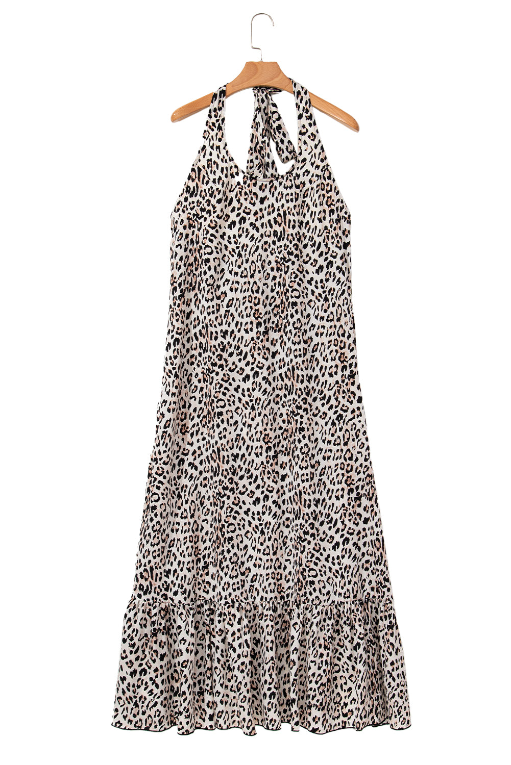 Brown Leopard Printed Halter Neck Backless Ruffled Hem Maxi Dress