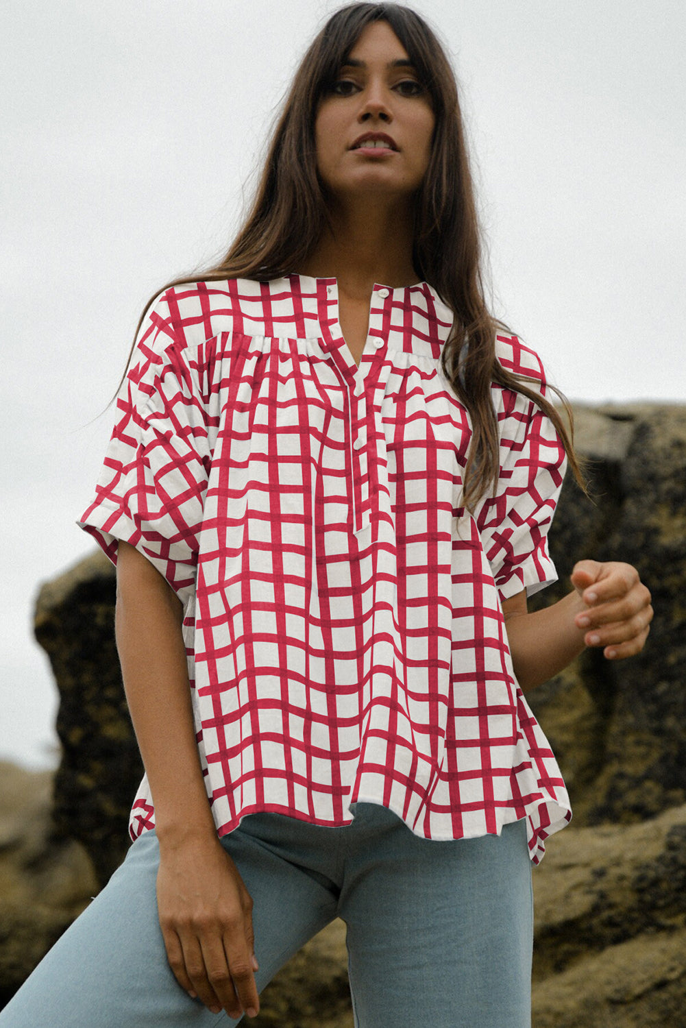 Red Plaid Button Neck Pleated Blouse