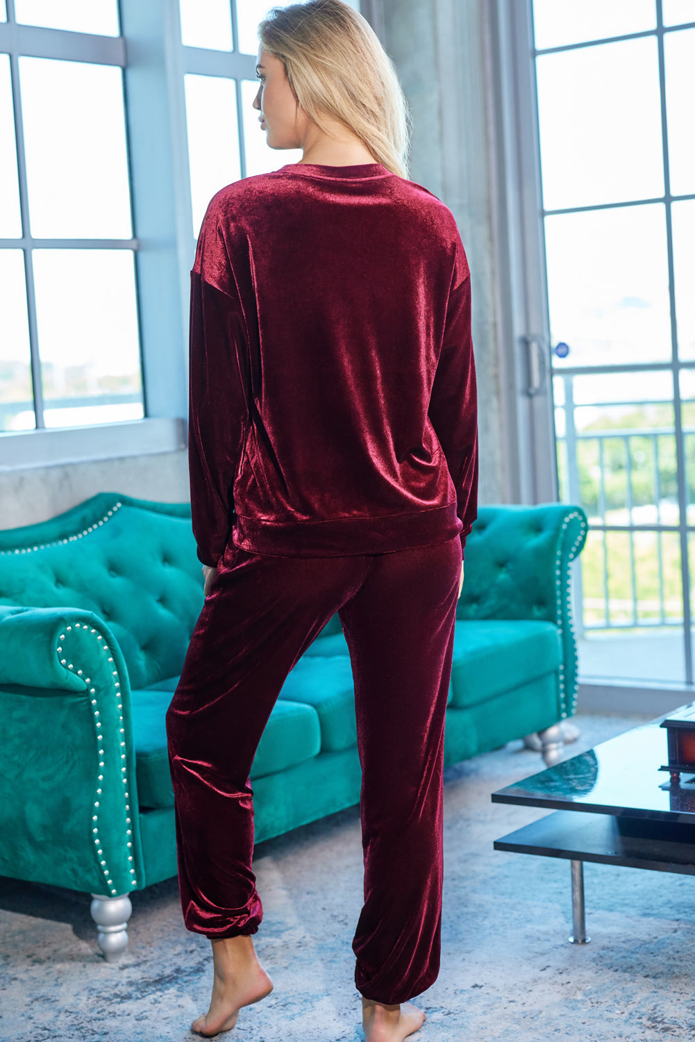 Red Solid Velvet Round Neck Top & Drawstring Pants Lounge Set