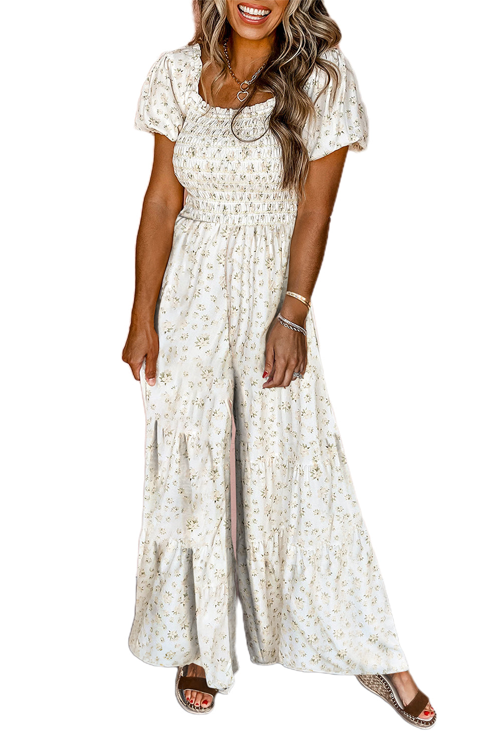 White Ditsy Floral Smocked Puff Sleeve High Waist Jumpsuit